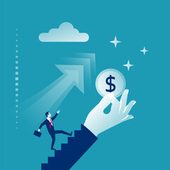 Run for income. Path to income, run after money. The coin is in the boss's hand. The worker ascends to the top. Vector illustration flat design. Isolated background.