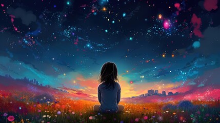 Fototapeta na wymiar illustration of a girl sitting in flower field under starfield sky, idea for hope and faith, Generative Ai