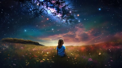Fototapeta na wymiar illustration of a girl sitting in flower field under starfield sky, idea for hope and faith, Generative Ai