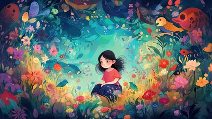 Obraz na płótnie Canvas illustration of beautiful girl sitting in wildflower spring field at night time with wind blow petals flew in air, idea for wall art decor, Generative Ai 