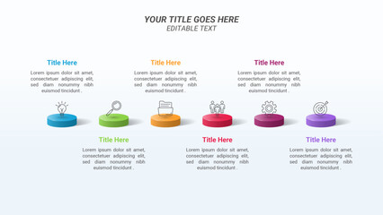 Fototapeta premium Flowchart Infographic with Editable Text, Six Steps, and Thin Icons on a 16:9 Ratio Layout for Business Processes, Goals, Reports, and Website Design.