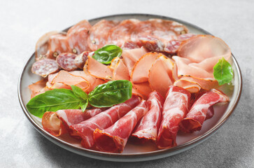 Cured Meat Platter, Antipasto Set, Appetizer Variety on Plate over Concrete Background