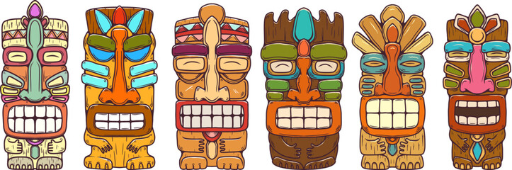 Traditional polynesian tiki idol. Illustration of tribal tiki mask. Design element for decorations. Vector illustration - obrazy, fototapety, plakaty