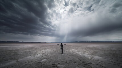  a man spread arm widely to the sky with rain pouring on drought land, Generative Ai