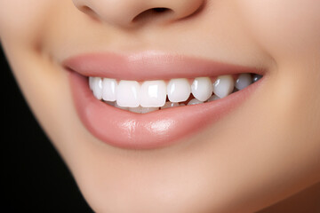 Fototapeta premium close up of a woman smiling with white teeth. Marketing, dentist advertising poster. Generative Ai