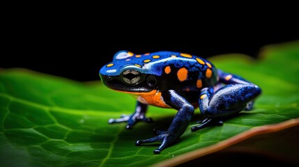Fototapeta premium close up macro cute animal in wildness jungle background, colorful blue red frog, Generative Ai