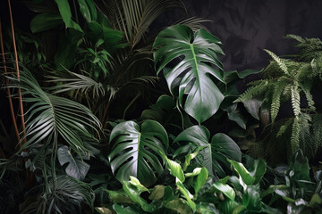 Monstera green leaves or Monstera Deliciosa in dark tones, background or green leafy tropical pine forest patterns for creative design elements. Philodendron monstera textures. Generative AI