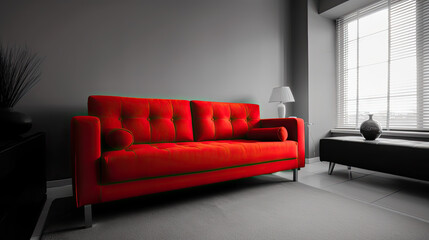 Selective Desaturation Photos Showcasing a Red Sofa in a Modern Living Room with a Grey Background