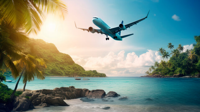 Airplane is flying over small islands and sea at sunny day in summer. Aerial view of passenger airplane, tropical seashore, mountains with palm trees, sky and blue water.  generative ai