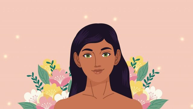 brunette young woman with flowers animation