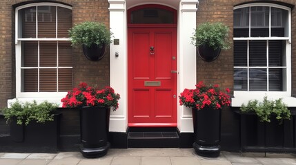 Naklejka premium front house or apartment wooden door with flower blossom vine shade, Generative Ai