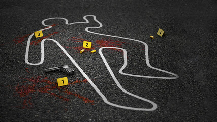Crime scene of a murder case. 3D illustration - obrazy, fototapety, plakaty
