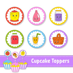 Fototapeta premium Cupcake Toppers. Set of six round pictures. cartoon characters. Cute image. For birthday, baby shower. Isolated on white background. Vector illustration.
