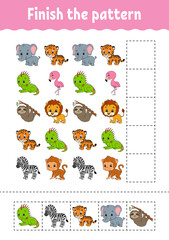 Finish the pattern. Cut and play. Education developing worksheet. Activity page. cartoon character. Vector illustration.