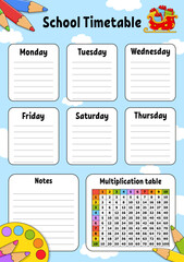 School timetable. For the education of children. Isolated on color background. With a cute cartoon character. Vector illustration.