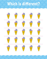 Which is different. Education developing worksheet for kids. Activity page. Birthday theme. Vector illustration.