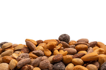 A group of almonds, pistachios, walnuts, macadamia, cashews.
