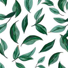 Fototapeta na wymiar Illustrated pastel green color Spring drawn leaves pattern on white background, illustration for decorative paper. Generative AI.