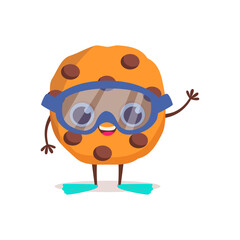 Cute dessert character. Chocolate chip cookie put on a swimming mask and flippers. Summer time. Vector graphic.