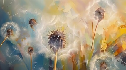 illustration of close up dandelion seed fly with wind blow, Generative Ai
