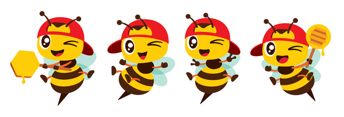 Cartoon cute red cap worker bee wink eyes collection set with different poses illustration flat design - obrazy, fototapety, plakaty