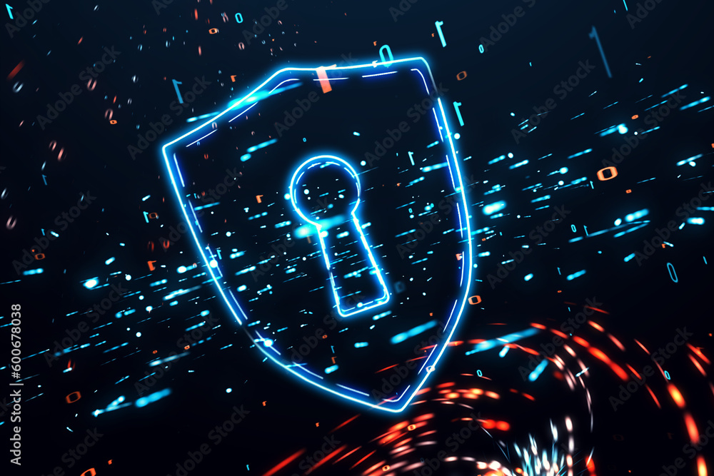 Aufkleber Protect your valuable data from cyber threats with powerful network security system, featuring a digital blue shield and keyhole symbol. Stay one step ahead of the hackers concept. 3D rendering.