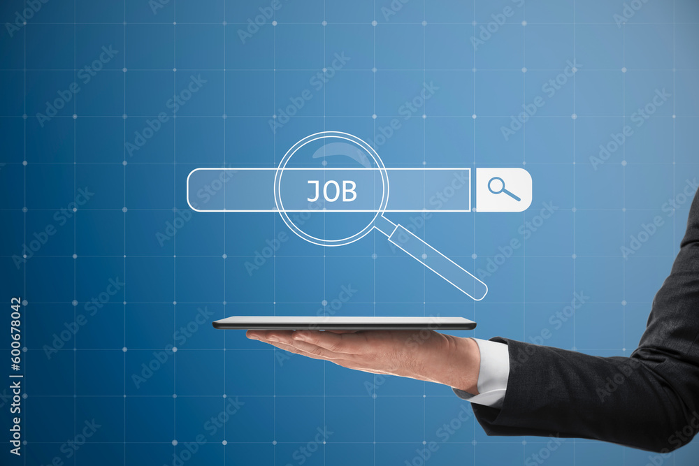 Poster online recruiting application and information network concept with digital magnifying glass on job s