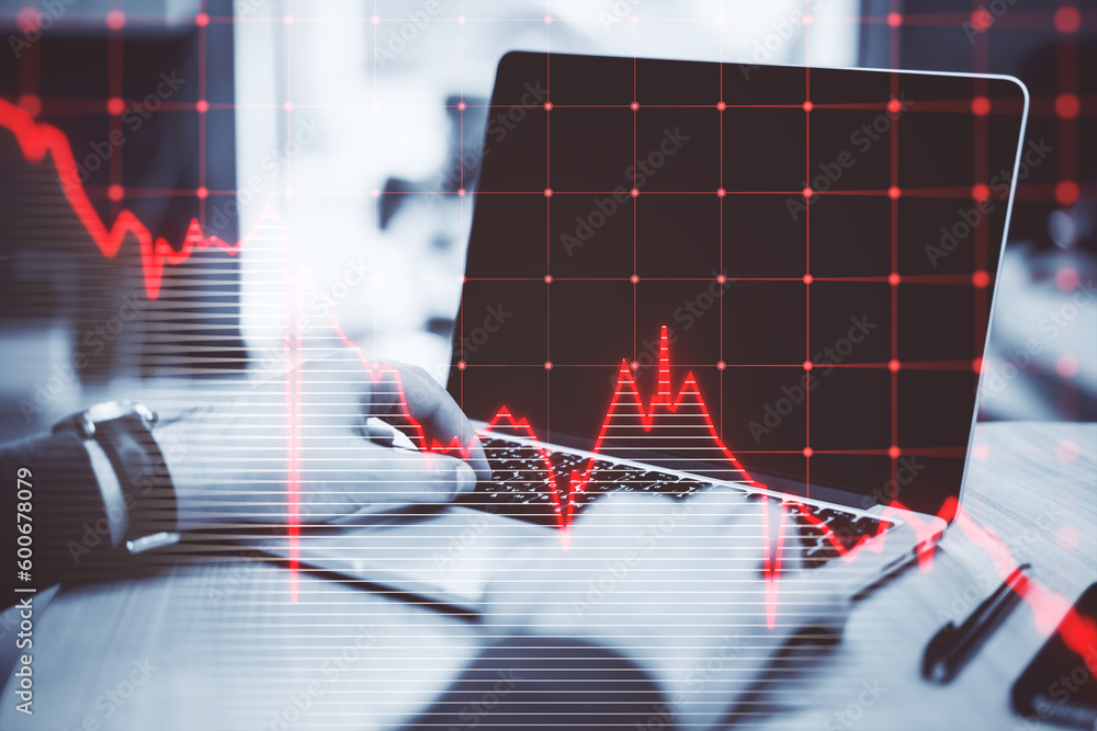 Aufkleber close up of man hands using laptop keyboard with falling red business graph grid on blurry backgroun