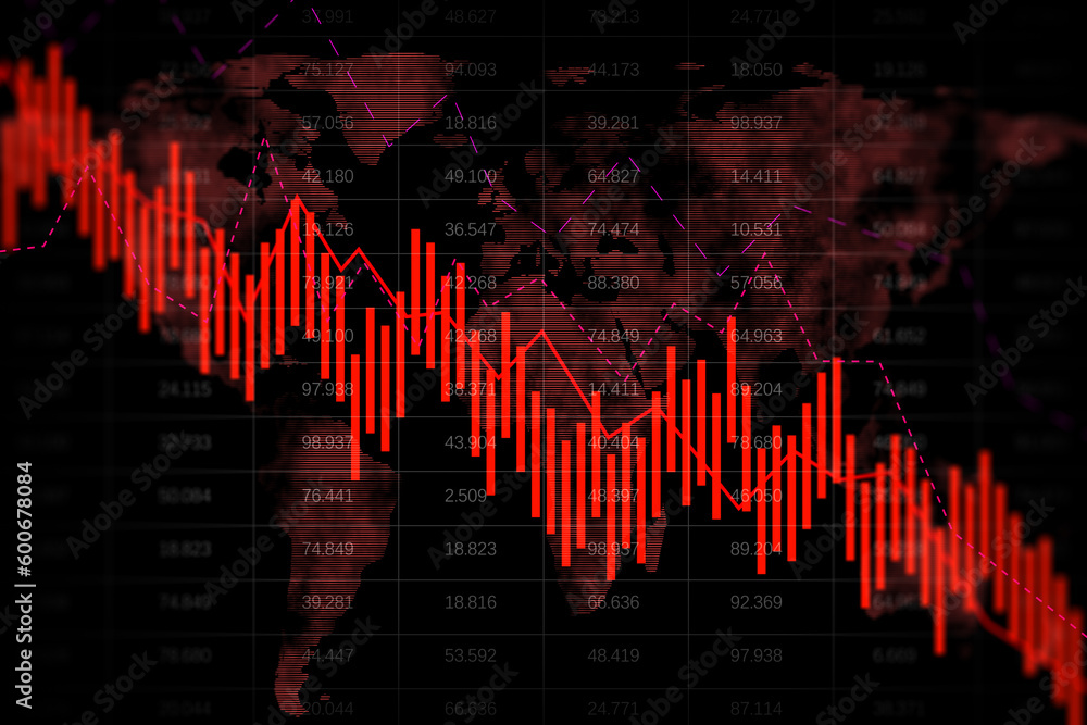 Aufkleber flling red business graph grid on black background with map. crisis, recession and stock market conc