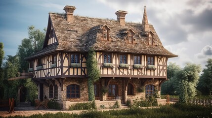 ancient medieval building, wooden tavern, Generative Ai