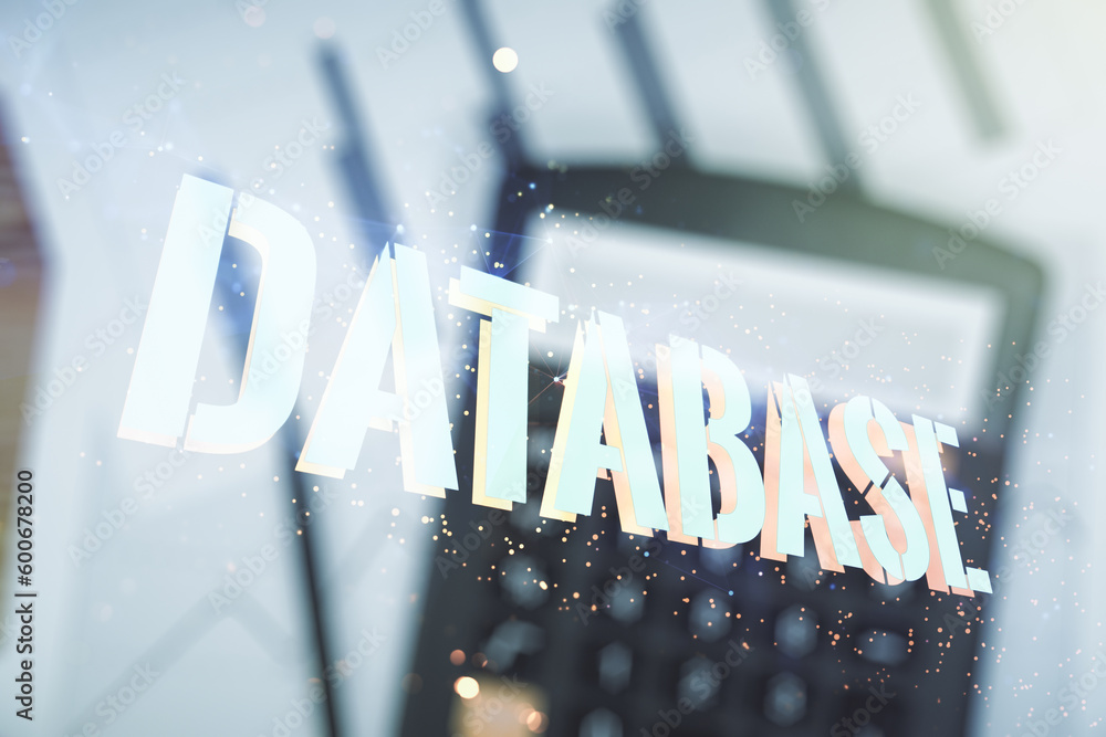 Poster double exposure of creative database word hologram on blurry calculator background, research and dev