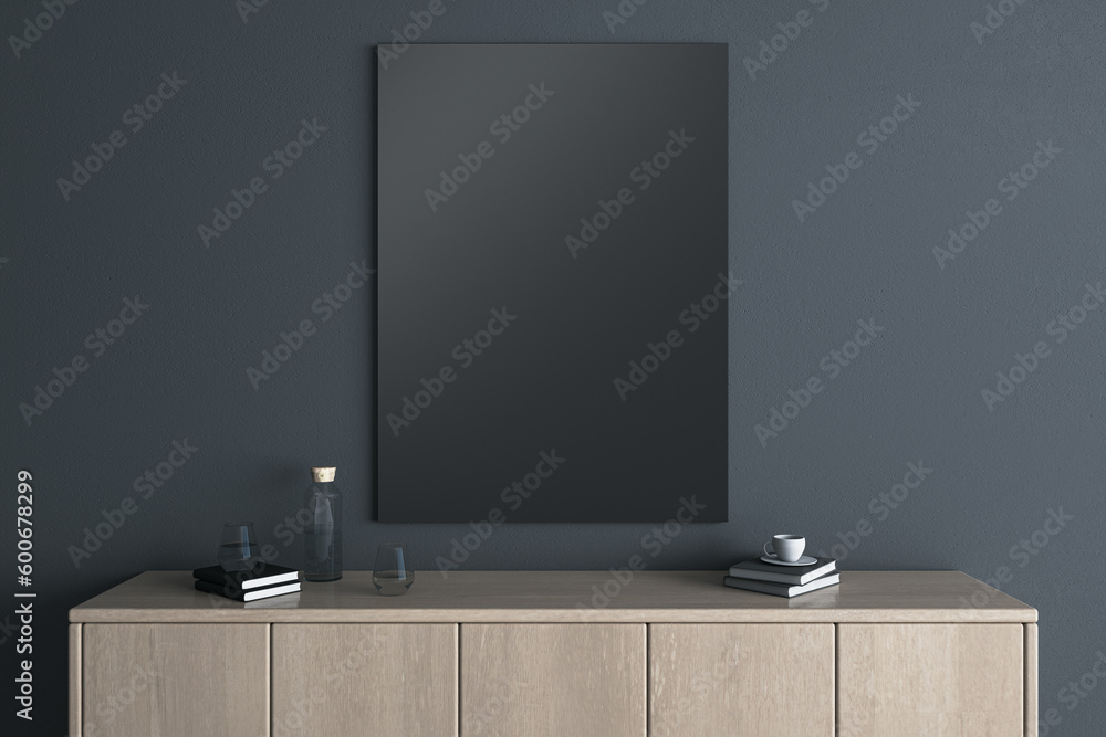 Poster modern wooden tv shelf with items and empty black mock up banner on dark wall background. interior d