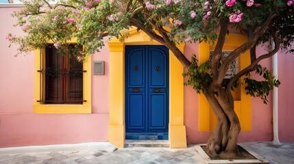 Fototapeta premium front house or apartment wooden door with flower blossom vine shade, Generative Ai