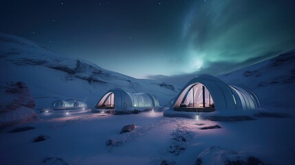 Fototapeta na wymiar Futuristic Glamping Site in Pristine Arctic Landscape