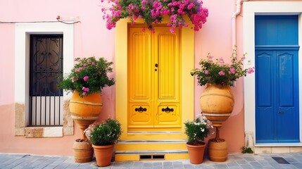 Fototapeta na wymiar front house or apartment wooden door with flower blossom vine shade, Generative Ai
