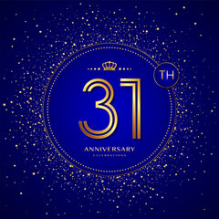 31th anniversary logo with gold numbers and glitter isolated on a blue background
