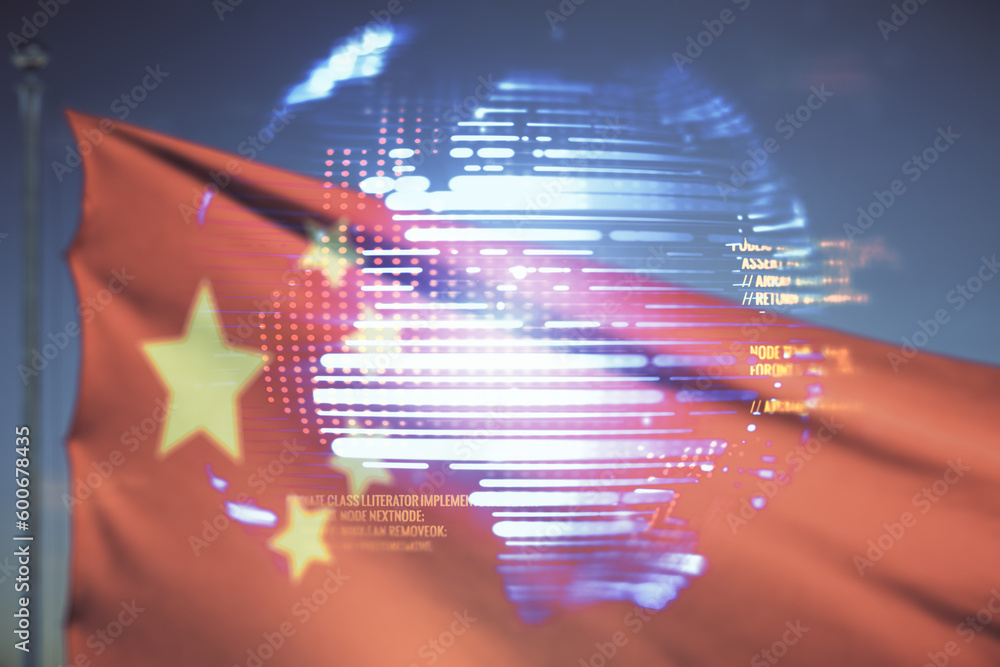 Poster multi exposure of abstract creative coding sketch and world map on flag of china and sunset sky back