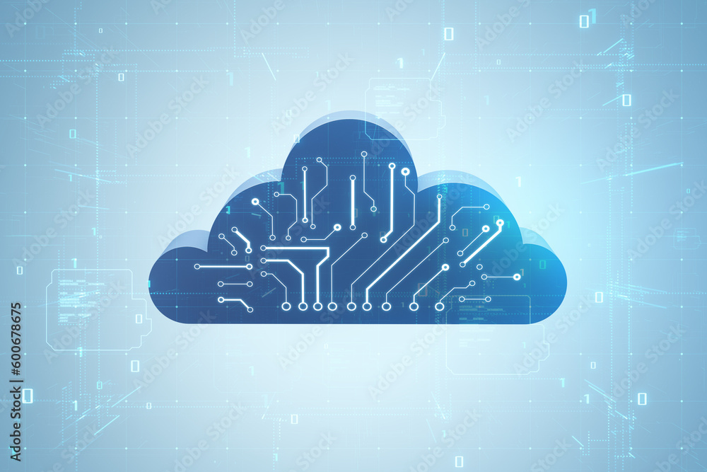 Aufkleber Cloud computing, information, data exchange, storage concept with front view on blue cloud symbol with circuit scheme on abstract light matrix technological background with binary code. 3D rendering