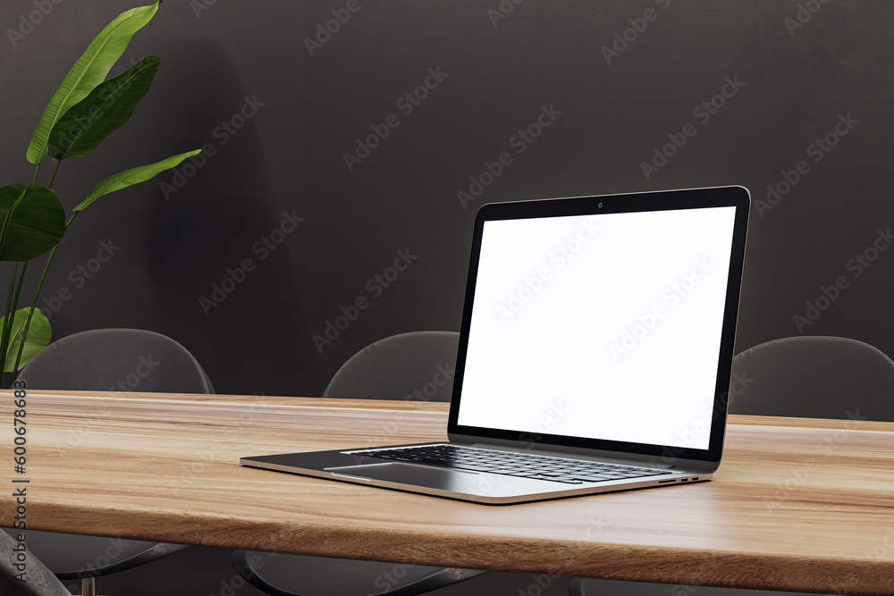 Poster perspective view on blank white modern laptop screen with space for web design, web site or logo on 