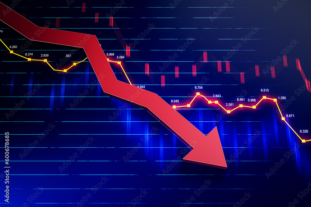Poster Crisis and financial downturn concept with red arrow falling down and digital financial chart and diagram with stock market data indicators on virtual screen. 3D Render