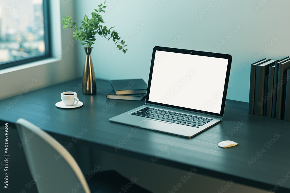Poster perspective view on blank white modern laptop screen with space for web design or site on dark woode