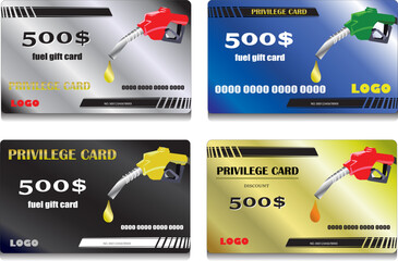 Fuel discount cards. refuel gift coupon, gasoline voucher on free petrol fueling diesel vehicle or auto oil, privilege card template of gas station service, vector illustration of fuel discount.