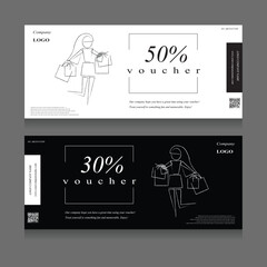 Minimal Gift Voucher Promotion Sale Discount pattern, black and white background Hand drawn cartoon woman shopping background, vector illustration