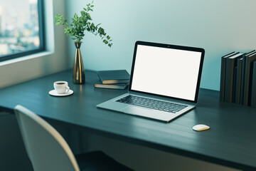 Perspective view on blank white modern laptop screen with space for web design or site on dark wooden work table with books and coffee cup on light wall background and city view. 3D rendering, mockup