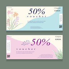 Voucher discount promotion flower watercolor pattern pastel pink yellow blue, For shops, department stores, flower shops