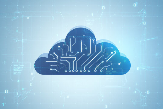 Cloud computing, information, data exchange, storage concept with front view on blue cloud symbol with circuit scheme on abstract light matrix technological background with binary code. 3D rendering
