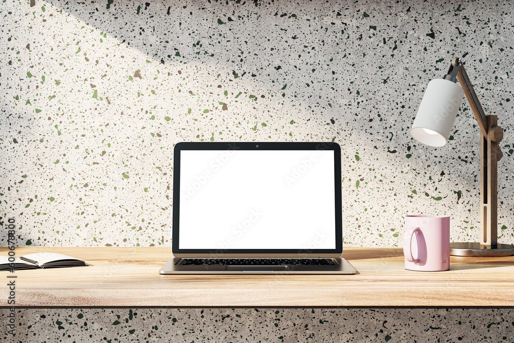 Poster front view on blank white modern laptop monitor with space for web design, website or landing page o