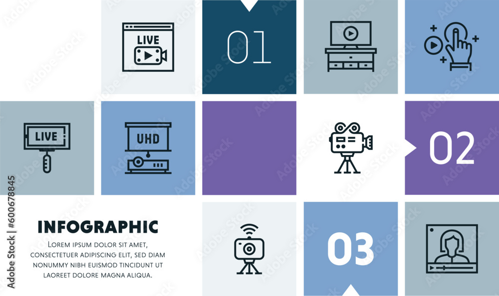 Poster video and event management infographic design with icons, made by thin line style with editable stro
