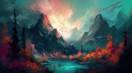 illustration of beautiful  fantasy landscape forest mountain , Generative Ai