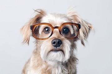 Cute mixed breed dog wearing eyeglasses. Created with Generative AI tools